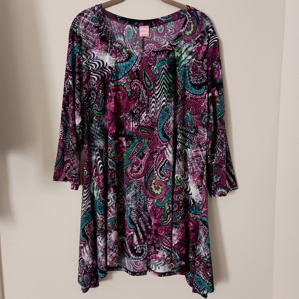 Moody PurpleTunic Dark Floral Paisley Print Jersey Knit Travel Friendly XL‎